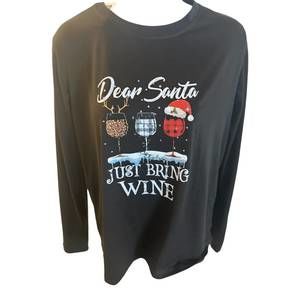 NEW GLAM N GO BOUTIQUE women's dear santa bring wine long sleeve tee in black